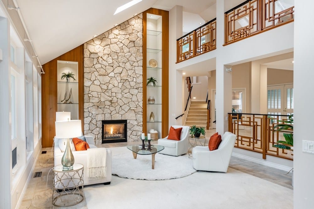 Luxury residential interior with designer wallpaper feature wall